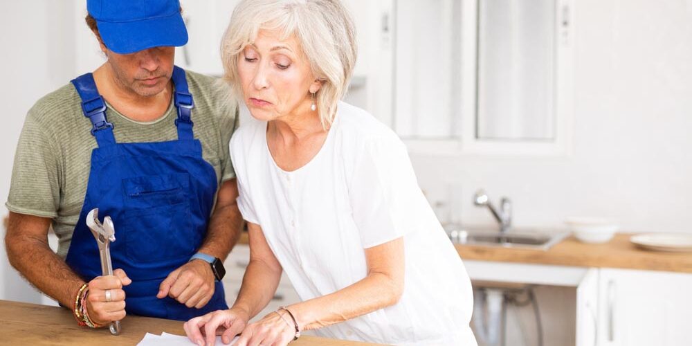 Homeowner making inquiries about plumbing work Homeowner making inquiries about plumbing work